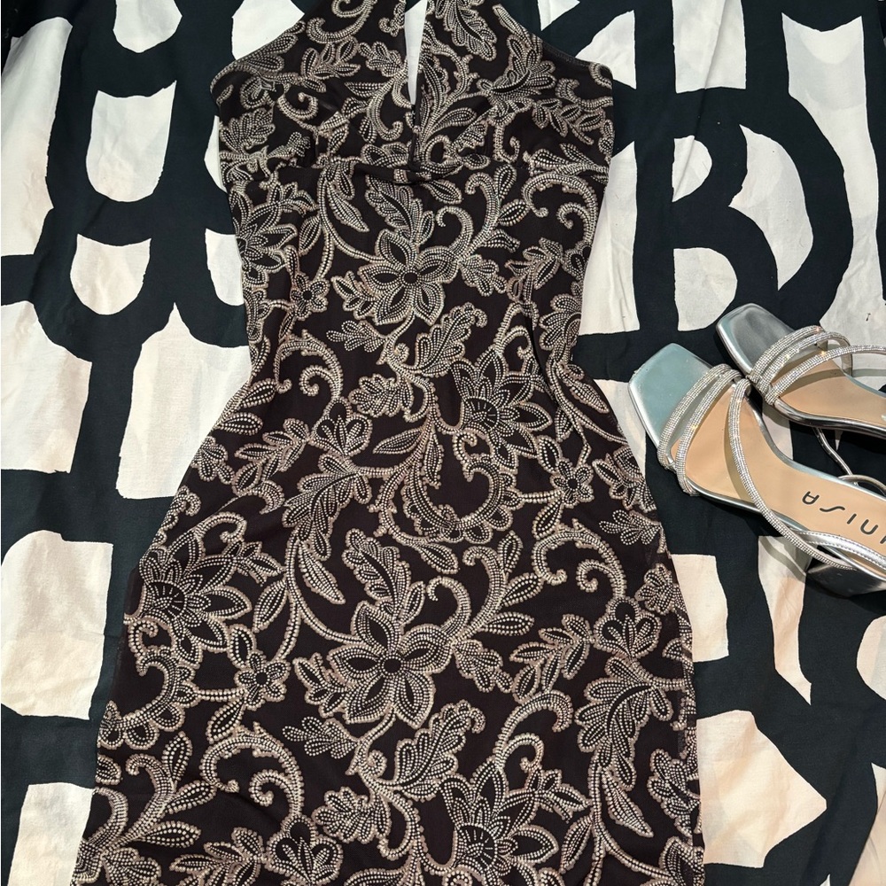 Elegant Black and Cream Floral Dress